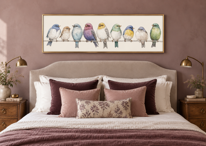 Colorful songbirds on a wire framed canvas art above a bed in a modern farmhouse bedroom.