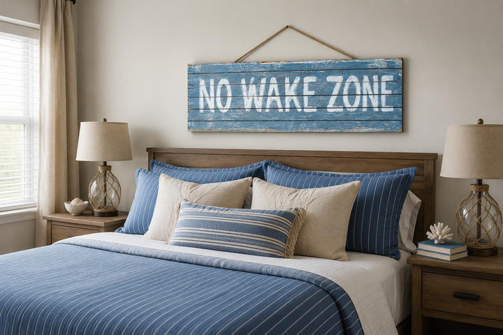 No Wake Zone distressed blue wood wall art hanging above a bed with nautical blue and white bedding.
