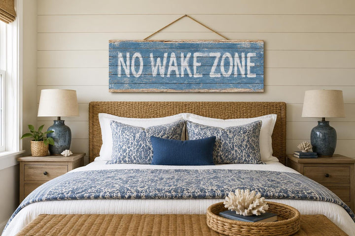 No Wake Zone distressed blue wood wall art hanging above a bed with coastal decor.