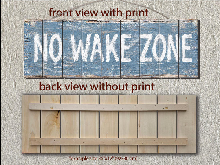 Front and back view of a No Wake Zone distressed wood wall art sign in blue and white.