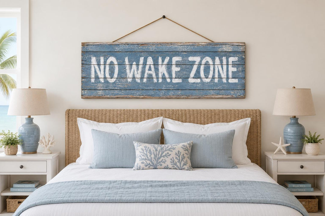No Wake Zone distressed blue wood wall art hanging above a coastal-style bed with blue pillows.