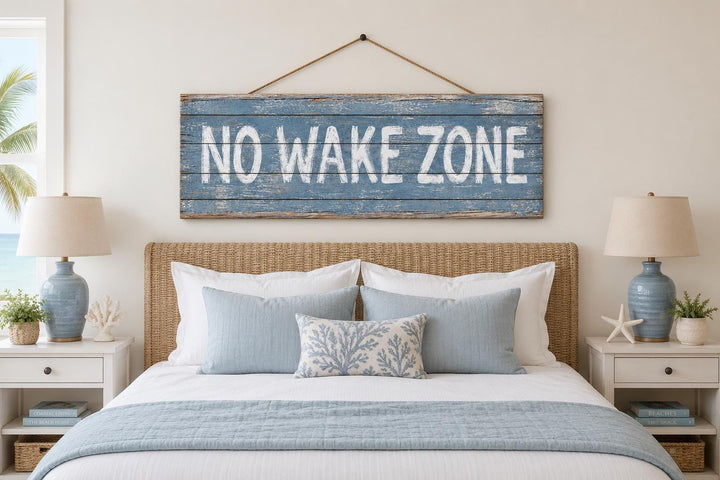 No Wake Zone distressed blue wood wall art hanging above a coastal-style bed with blue pillows.