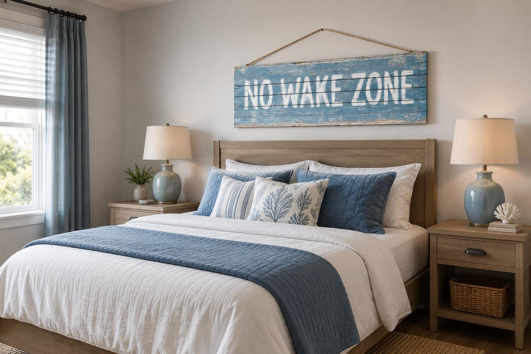 No Wake Zone long narrow distressed wood wall art hanging above a bed in a coastal bedroom.