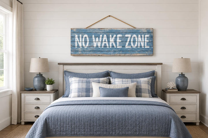 No Wake Zone distressed blue wood wall art hanging above a bed in a coastal-style bedroom.