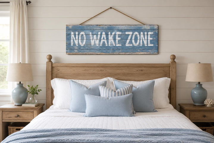 No Wake Zone distressed blue wood wall art hanging above a bed with coastal blue and white pillows.