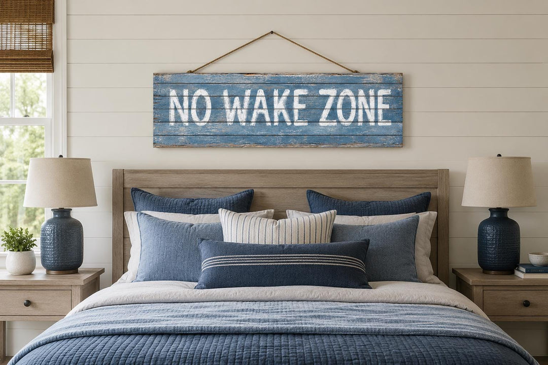 No Wake Zone distressed blue wood wall art hanging above a bed with blue and white coastal bedding.