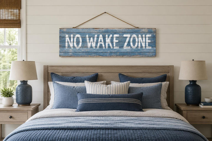 No Wake Zone distressed blue wood wall art hanging above a bed with blue and white coastal bedding.