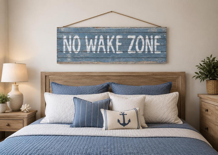 No Wake Zone distressed blue wood wall art hanging above a bed with nautical-themed pillows.