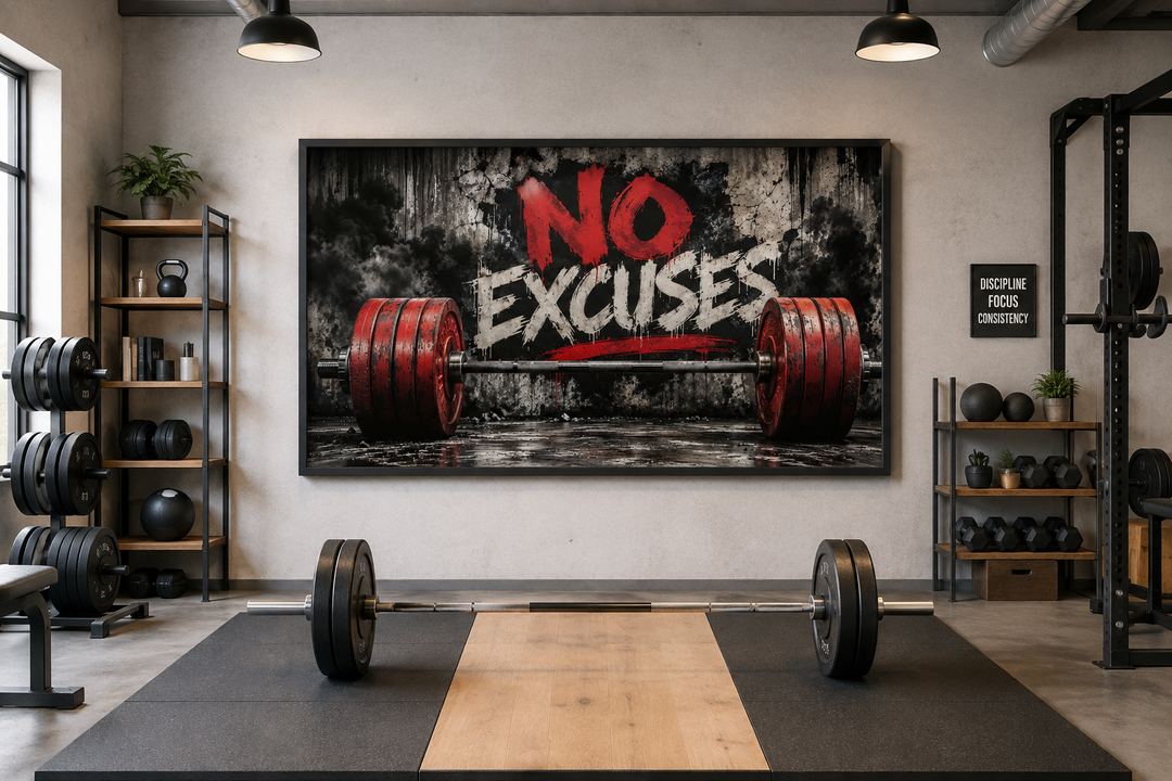 No Excuses motivational gym framed canvas wall art featuring a red barbell on a gritty background.