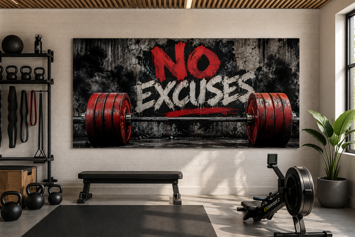 No Excuses motivational gym wall art featuring a red barbell painting on a gritty industrial canvas.
