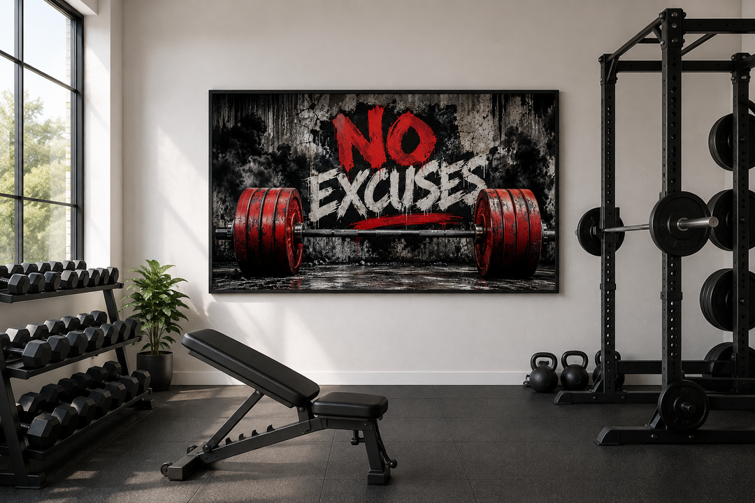 No Excuses motivational gym framed canvas wall art featuring a red barbell on a gritty wall.
