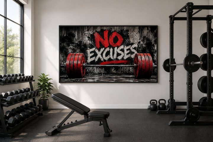 No Excuses motivational gym framed canvas wall art featuring a red barbell on a gritty wall.