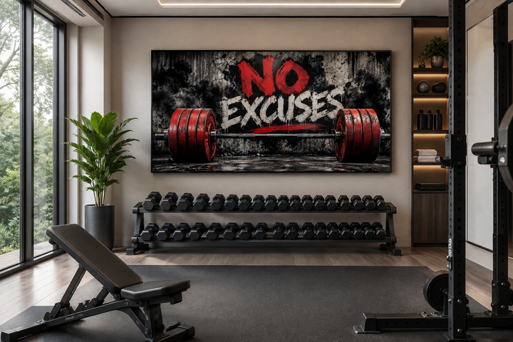 No Excuses motivational gym wall art featuring a red barbell on a gritty industrial background.