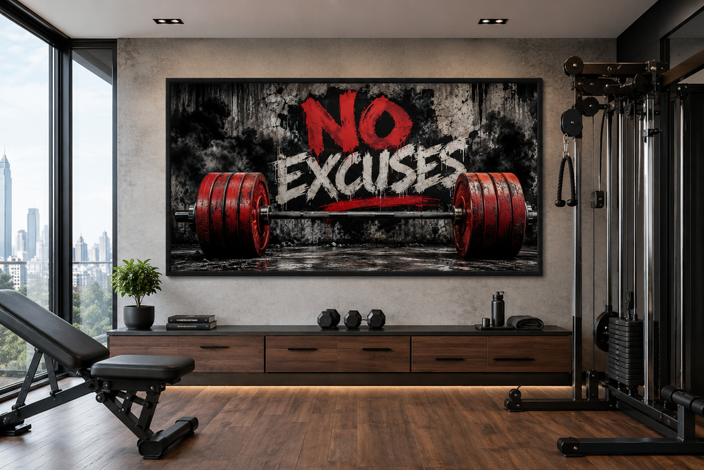 No Excuses motivational gym wall art featuring a red barbell painting on a framed canvas.