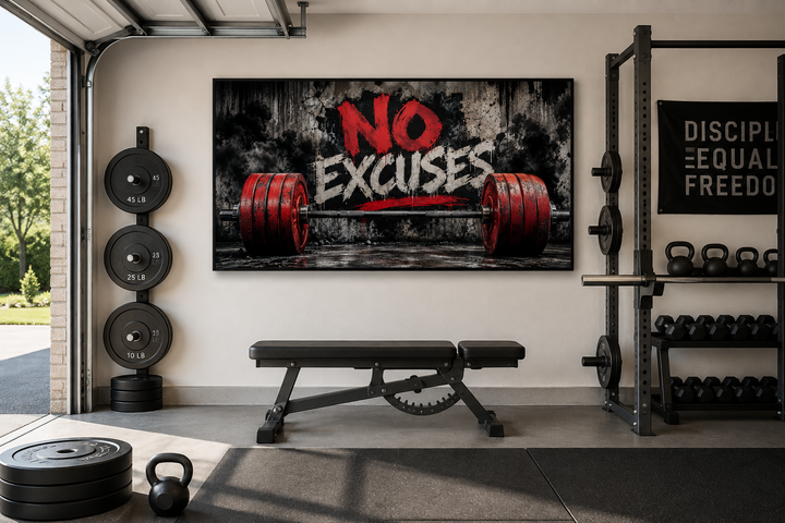 No Excuses motivational gym framed canvas wall art featuring a red barbell on a gritty background.