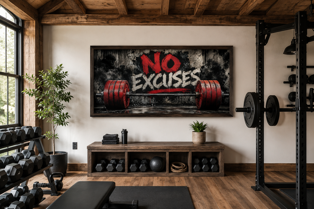 No Excuses motivational gym framed canvas wall art featuring a red barbell on a gritty background.