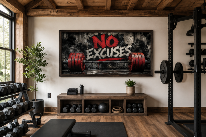 No Excuses motivational gym framed canvas wall art featuring a red barbell on a gritty background.