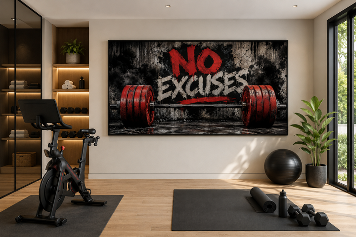 Framed canvas wall art with a red barbell and "No Excuses" text in a modern home gym setting.
