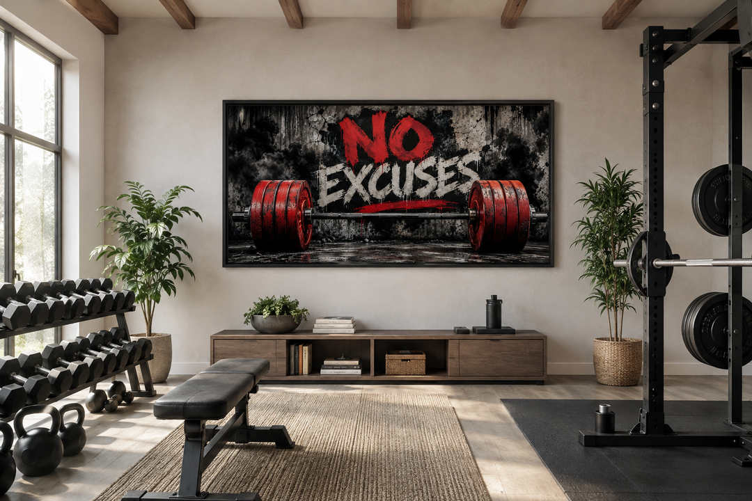 No Excuses motivational gym wall art featuring a red barbell painting on a framed canvas.