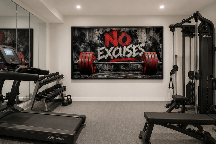 No Excuses framed canvas wall art featuring a red barbell in a modern home gym setting.