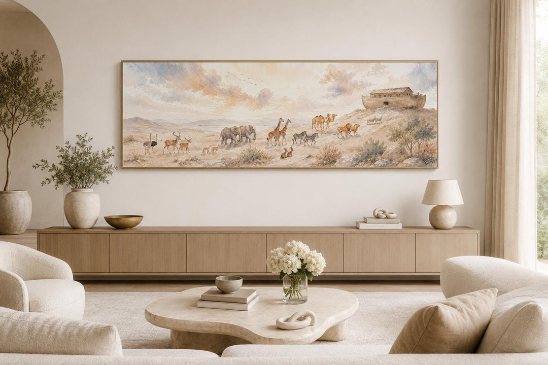 Noah's Ark watercolor painting on a horizontal canvas above a wooden console in a neutral room.