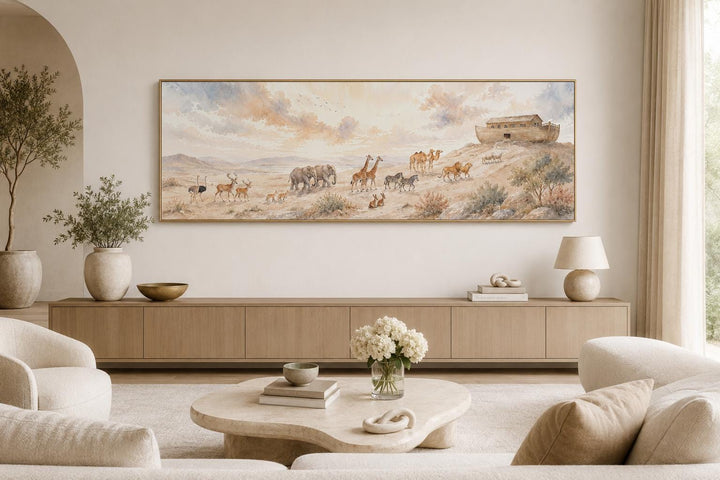 Noah's Ark watercolor painting on a horizontal canvas above a wooden console in a neutral room.