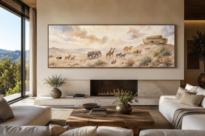 Noah's Ark and animals watercolor painting on a horizontal canvas above a fireplace in a living room