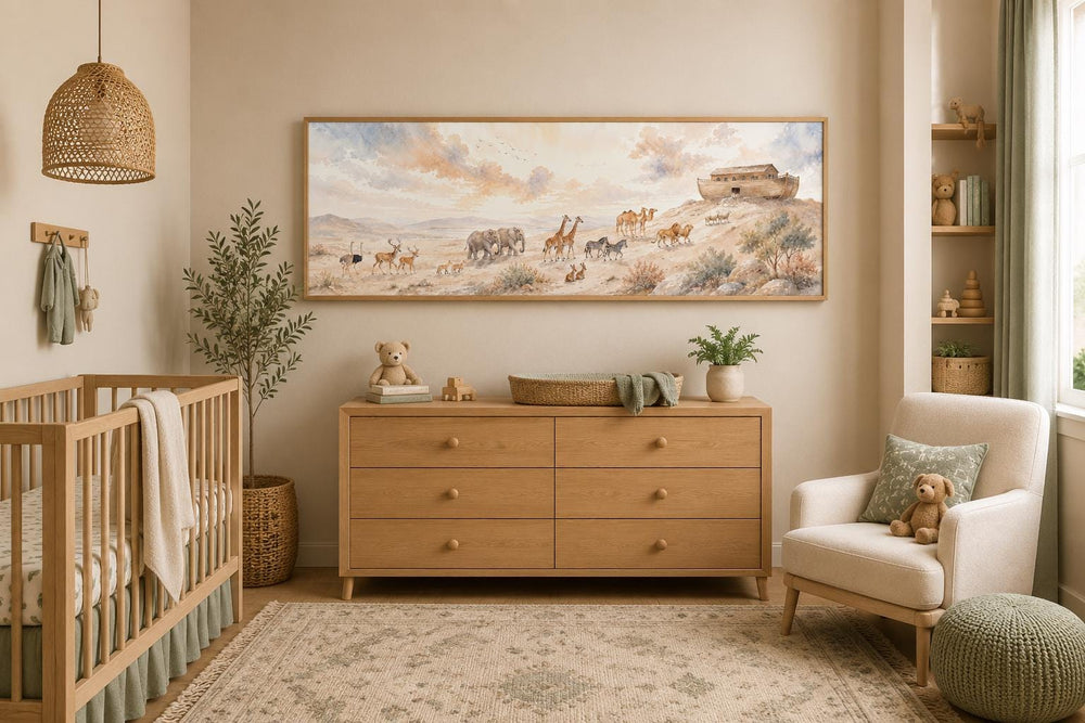 Noah's Ark and animals watercolor horizontal canvas wall art in a neutral-toned nursery.