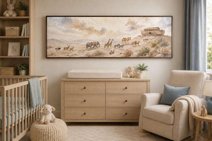 Noah's Ark and animals watercolor painting on a horizontal canvas above a nursery dresser.
