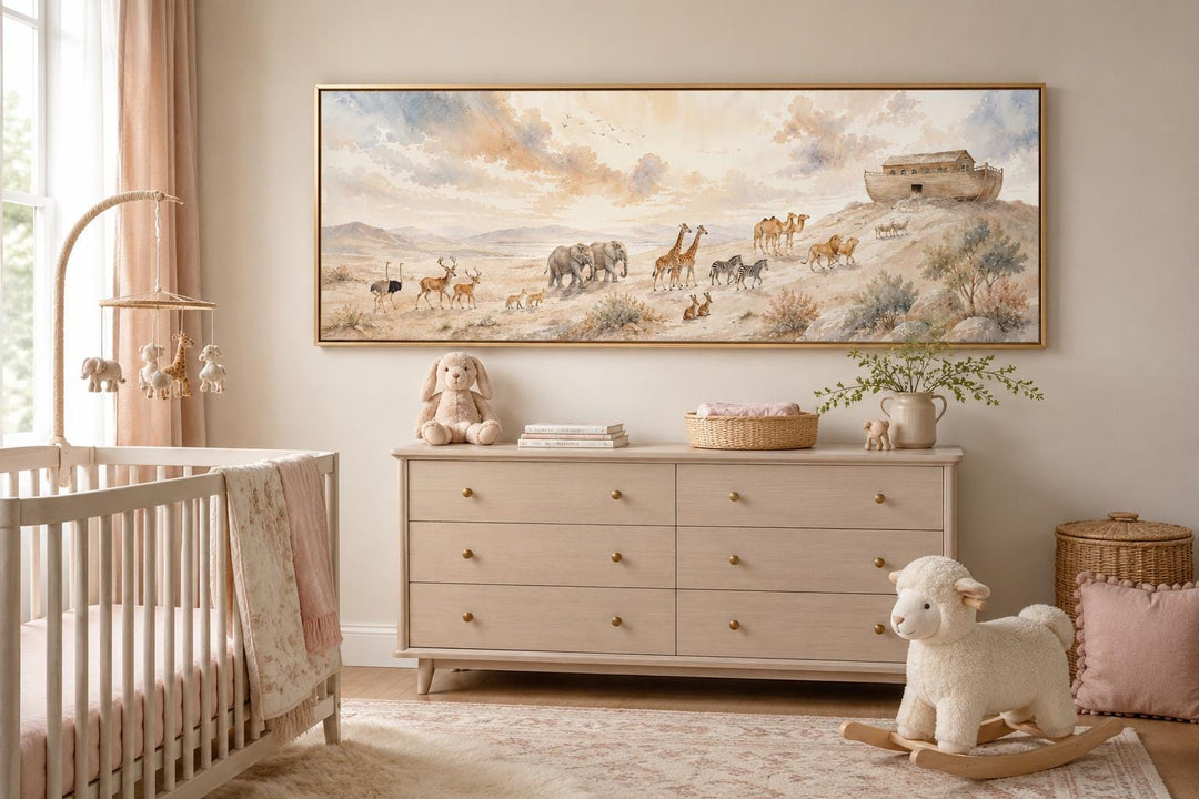 Noah's Ark watercolor painting on horizontal canvas above a dresser in a neutral nursery.