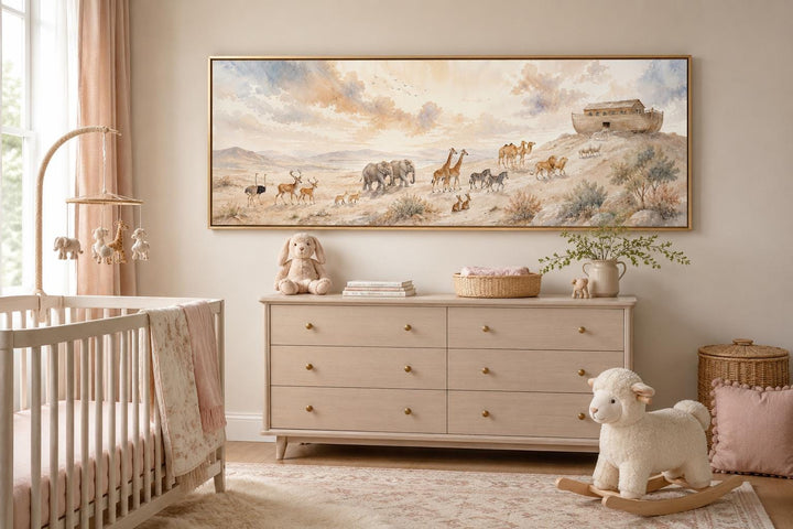Noah's Ark watercolor painting on horizontal canvas above a dresser in a neutral nursery.