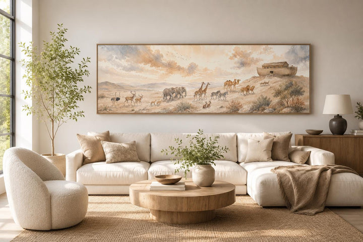 Noah's Ark and animals watercolor painting on a horizontal canvas above a white sofa in a room.