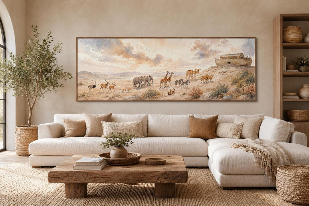 Noah's Ark watercolor painting horizontal canvas wall art above a neutral sofa in a living room.