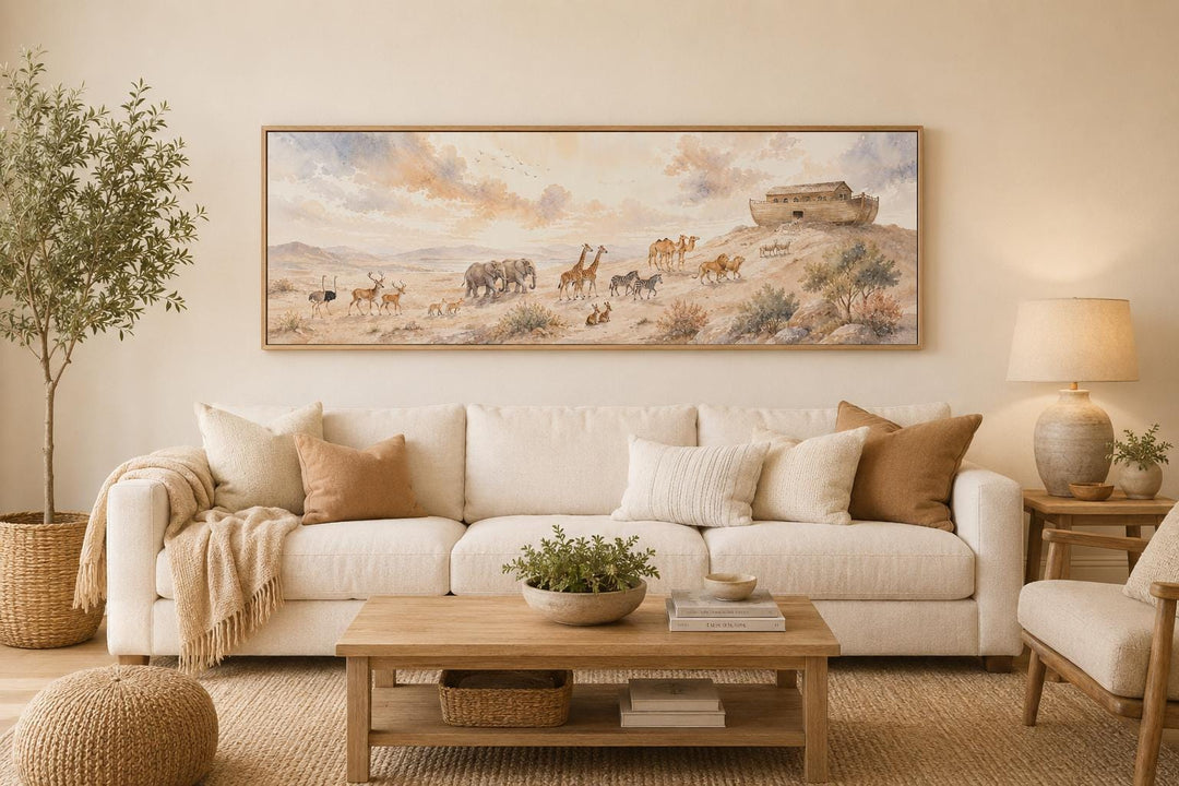 Noah's Ark and animals watercolor painting on a horizontal canvas above a neutral living room sofa.