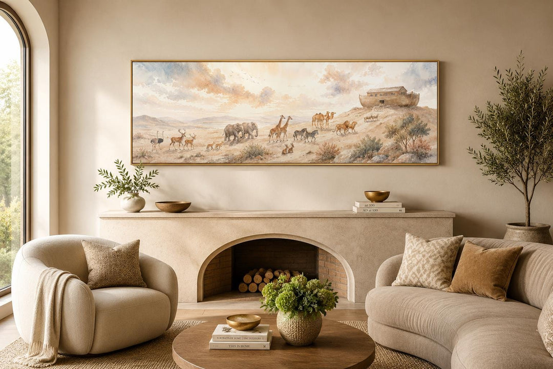 Noah's Ark and animals watercolor painting on a horizontal canvas above a fireplace mantel.
