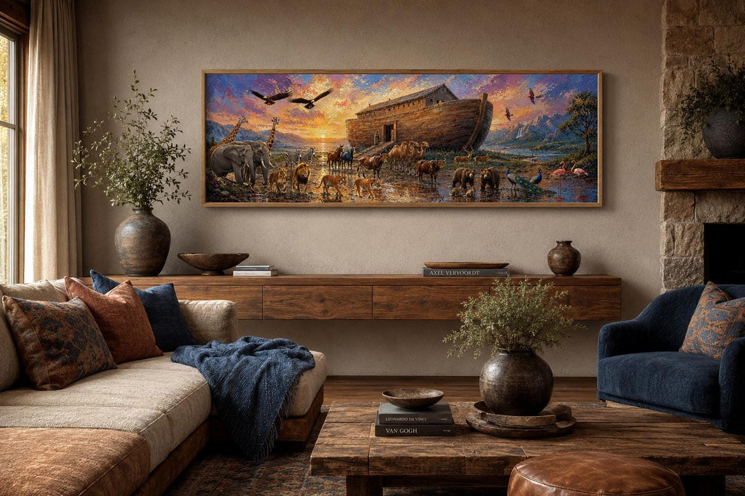 Noah's Ark wall art canvas featuring animals at sunset in a warm, rustic living room setting.