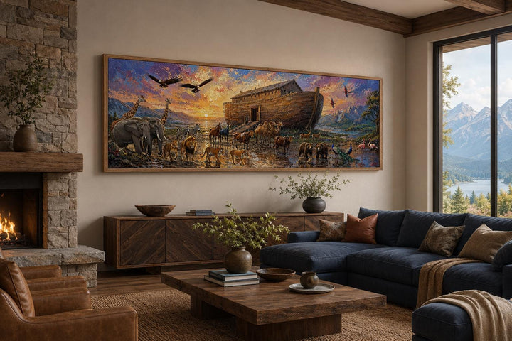 Noah's Ark long horizontal canvas wall art above a sofa in a warm, rustic living room.