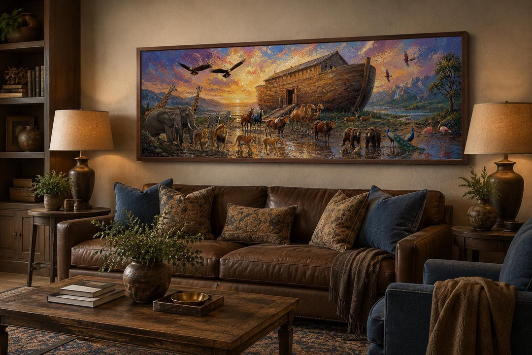 Noah's Ark wall art canvas featuring animals at sunset, displayed above a brown leather sofa.