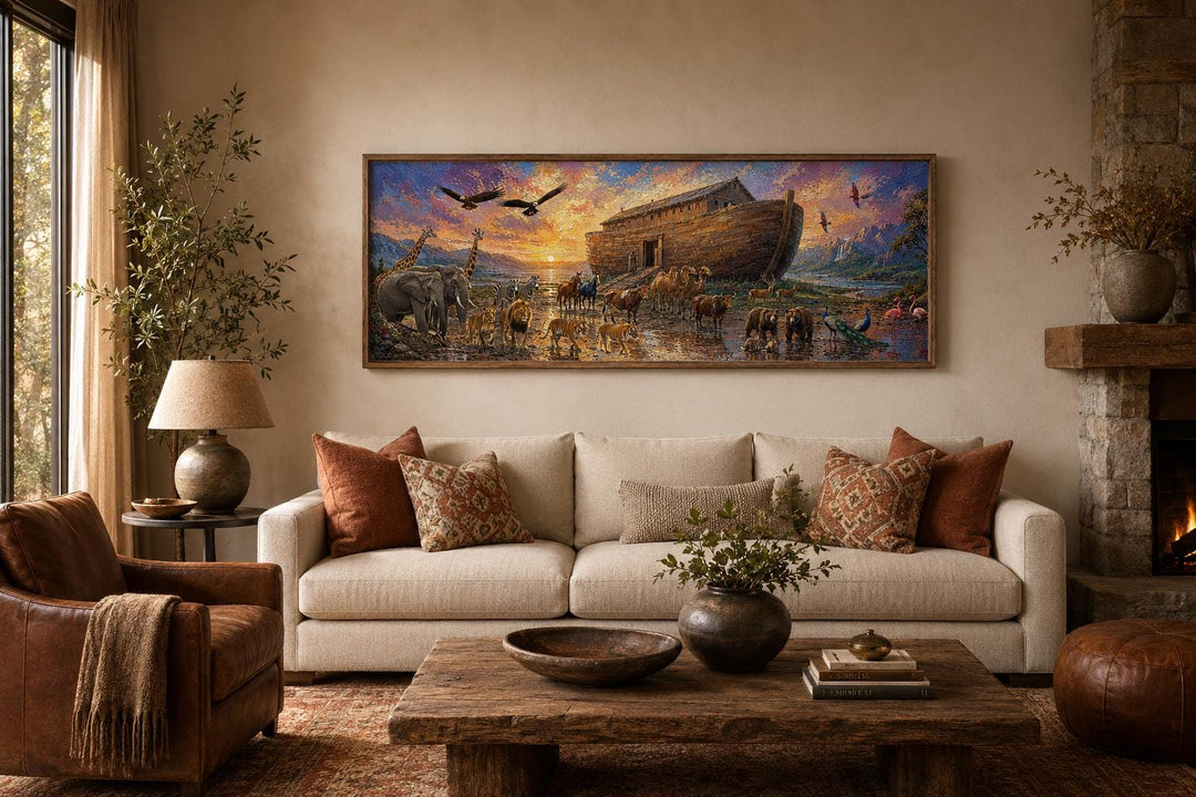 Noah's Ark horizontal canvas wall art above a sofa in a warm, rustic living room.