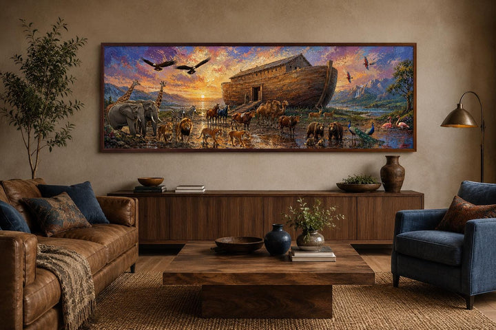 Noah's Ark long horizontal canvas wall art above a sofa in a warm, traditional living room.