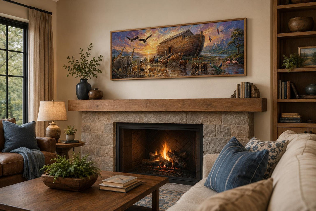 Noah's Ark long horizontal canvas wall art displayed above a fireplace mantel in a living room.