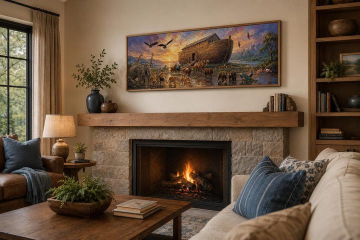 Noah's Ark long horizontal canvas wall art displayed above a fireplace mantel in a living room.