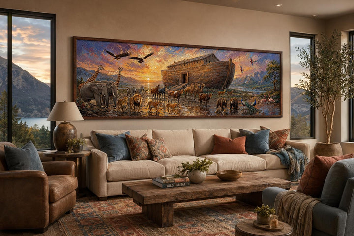 Noah's Ark wall art canvas featuring animals and a sunset above a sofa in a rustic living room.