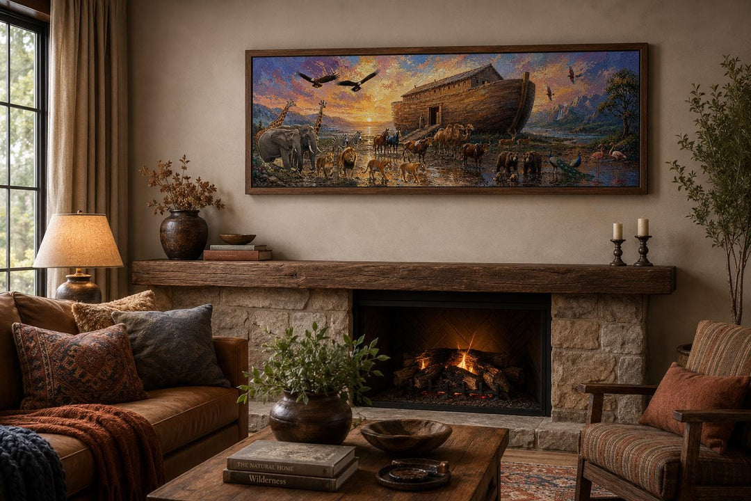 Noah's Ark wall art canvas in a long horizontal frame above a stone fireplace in a cozy living room.