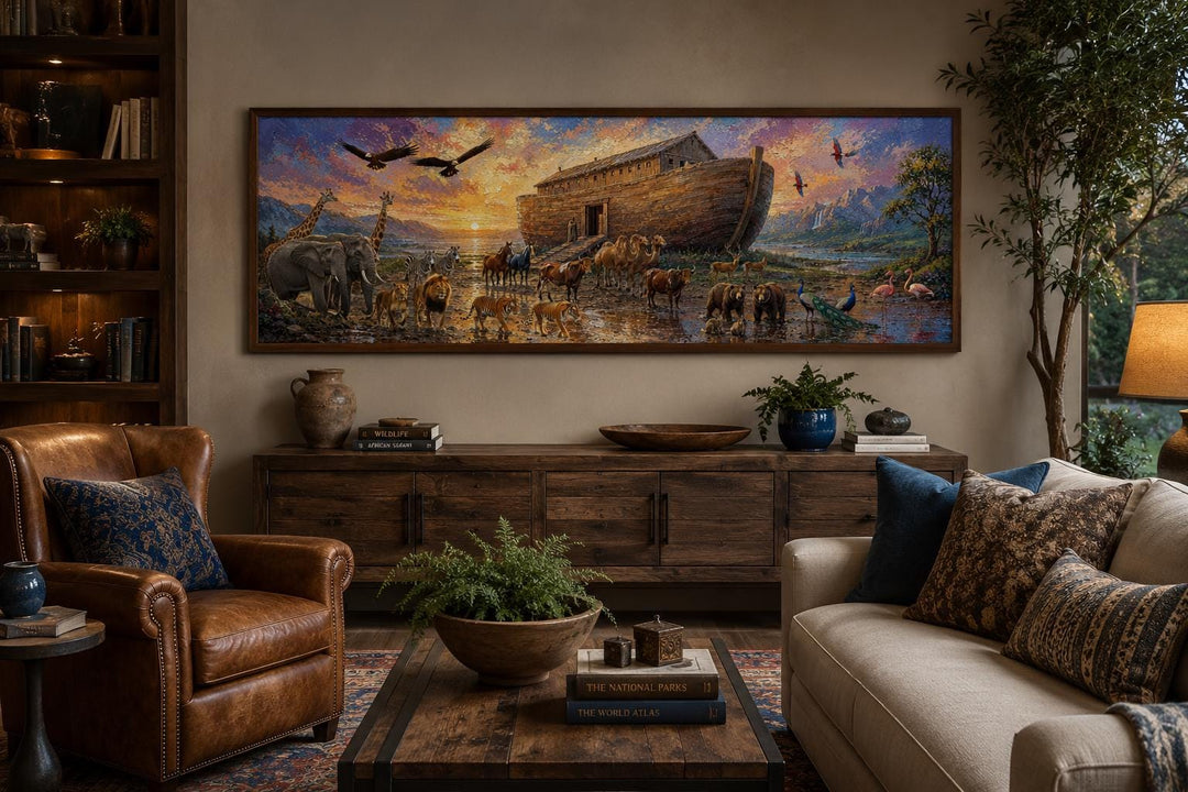 Long horizontal Noah's Ark wall art canvas above a console table in a warm, traditional living room.