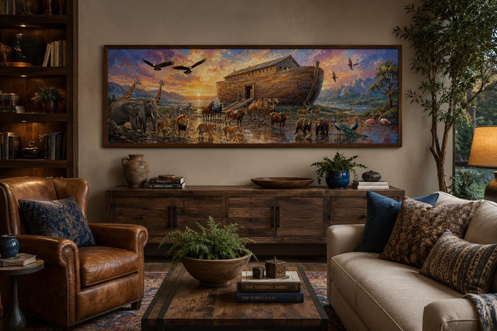 Long horizontal Noah's Ark wall art canvas above a console table in a warm, traditional living room.