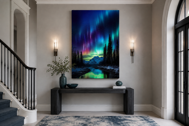Northern Lights Aurora Borealis framed canvas wall art above a console table in a modern hallway.