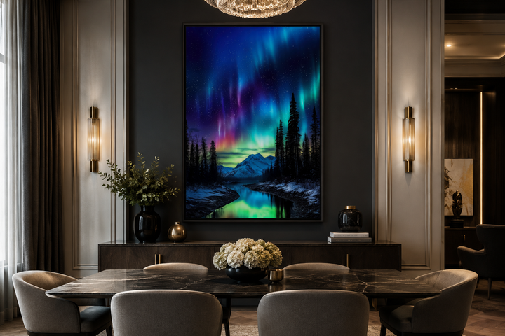 Northern Lights Aurora Borealis framed canvas wall art hanging in a modern dining room setting.
