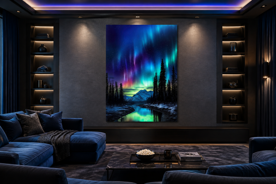 Northern Lights Aurora Borealis framed canvas wall art in a modern living room setting.