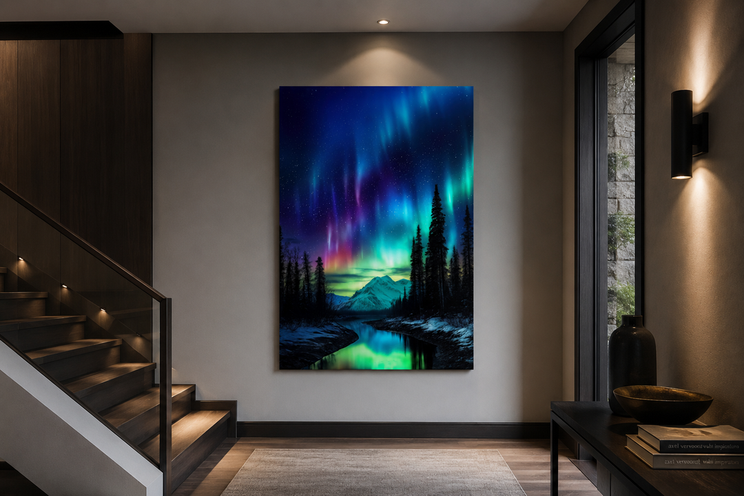 Northern Lights Aurora Borealis framed canvas wall art in a modern hallway with a staircase.